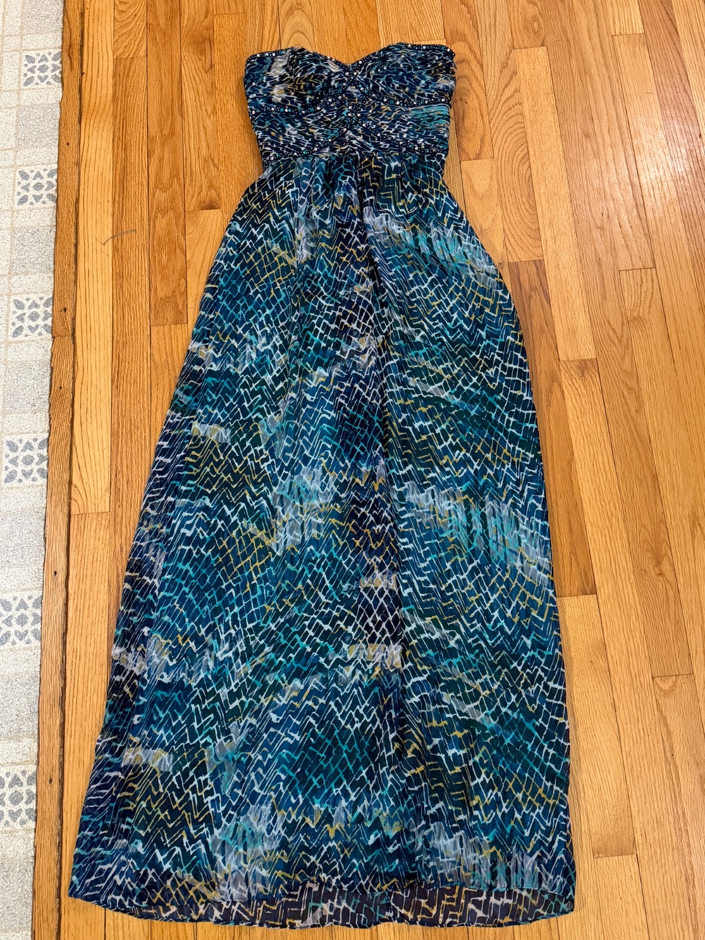Laundry By Shelli Segal Teal and Navy Printed Strapless Maxi Dress